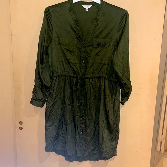 Time and Tru size large green button down shirt dress with tie and pockets - Picture 1 of 9